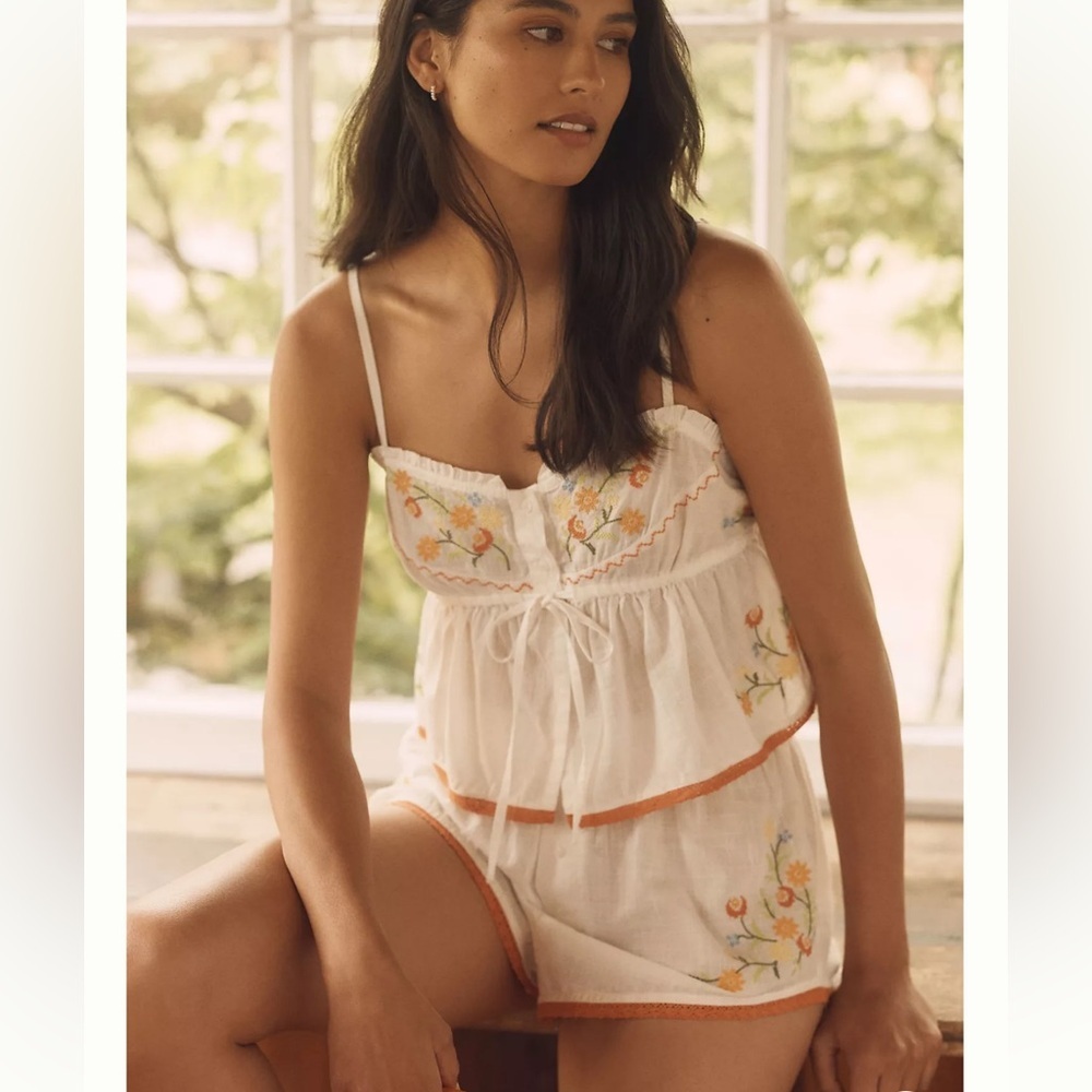 Anthropologie Cami and Boxer Shorts Floral Embroidered Pajama Set - Picture 10 of 10